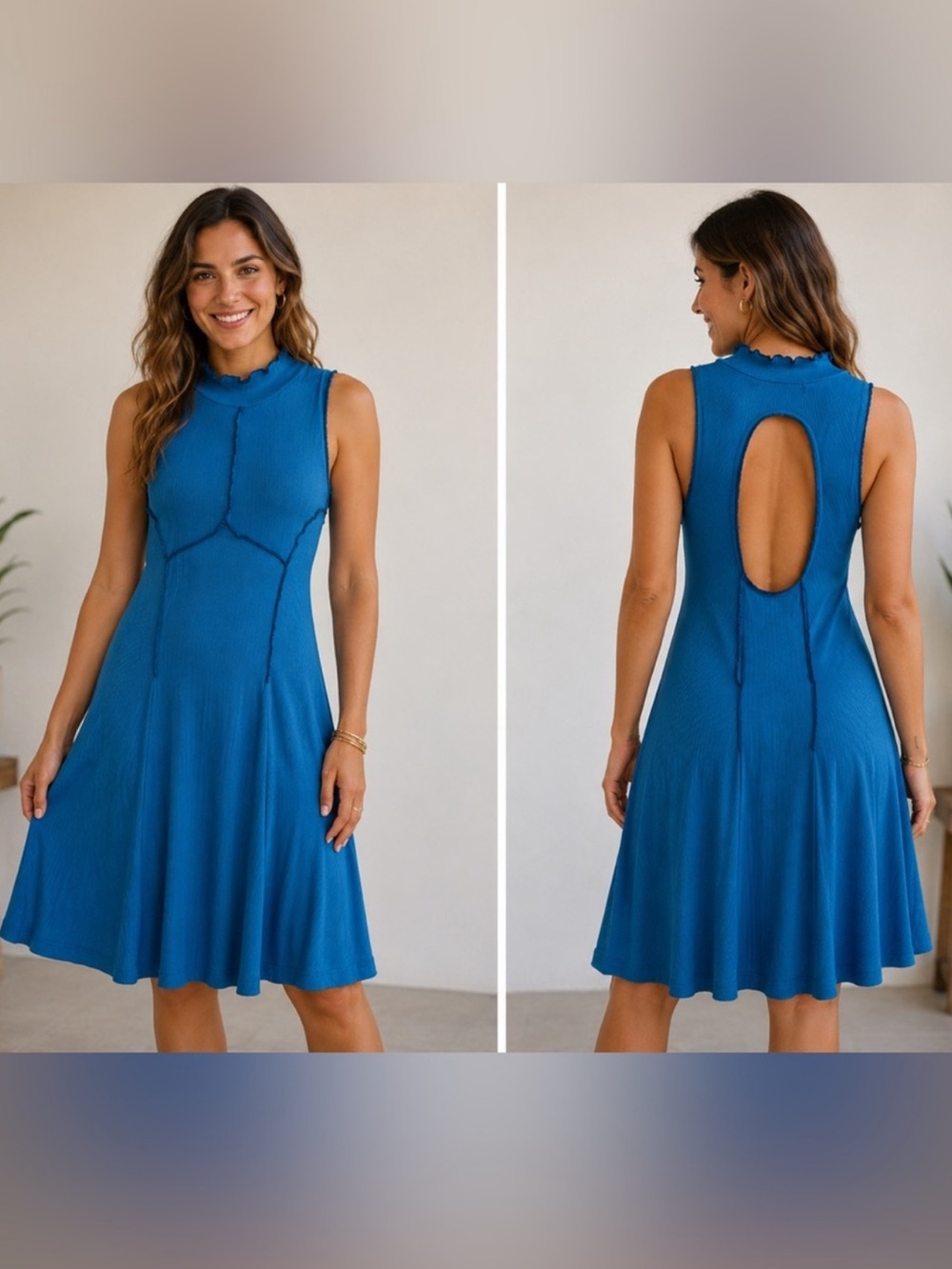 NWT Urban Outfitters Blue Ribbed Sleeveless Mock Neck Cutout Back Dress, Medium